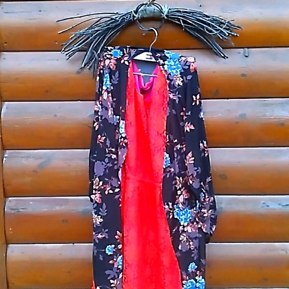 👗Orange Lace Dress w/Fuchsia Lined TUNIC  Sz L/Xl - Picture 2 of 12